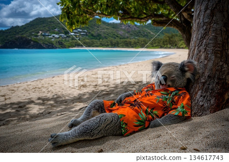 Relaxed Koala in Hawaiian Shirt Enjoying Day at the Beach Under Bright Sunlight 134617743