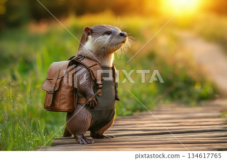 Trendy Otter in Sleeveless Summer Jumpsuit with Backpack at Sunset Trendy Otter in Sleeveless Summer Jumpsuit with Backpack at Sunset 134617765