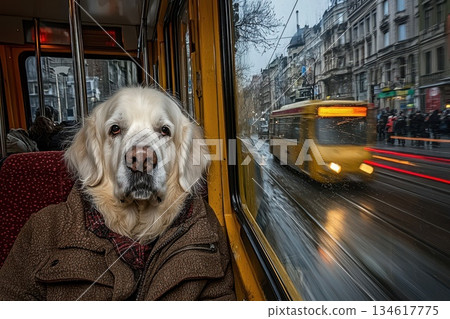 Golden Retriever Dog Sitting Attentively on Public Transport in Urban Setting Golden Retriever Dog Sitting Attentively on Public Transport in Urban Setting 134617775