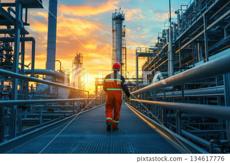 Oil Refinery Worker in Flame Resistant Overalls Walking Toward Sunset at Plant Oil Refinery Worker in Flame Resistant Overalls Walking Toward Sunset at Plant 134617776