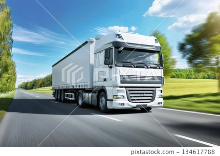 Fast Moving White Truck on Highway Surrounded by Lush Green Fields and Blue Sky Fast Moving White Truck on Highway Surrounded by Lush Green Fields and Blue Sky 134617788