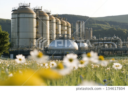 Industrial Storage Tanks Surrounded by Wildflowers in a Green Landscape Under Sunlight Industrial Storage Tanks Surrounded by Wildflowers in a Green Landscape Under Sunlight 134617804