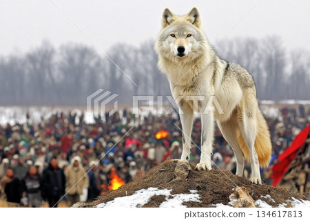 Majestic Wolf Standing on Mound Overlooking Crowd in Frosty Wilderness Scene Majestic Wolf Standing on Mound Overlooking Crowd in Frosty Wilderness Scene 134617813