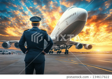 Confident Pilot Overseeing Departure of Large Airplane Against Dramatic Sunset Sky Confident Pilot Overseeing Departure of Large Airplane Against Dramatic Sunset Sky 134617822