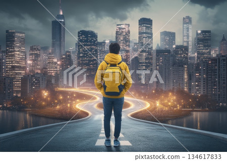 Person in Yellow Jacket Stands on Road Facing City Skyline at Dusk with Lights Person in Yellow Jacket Stands on Road Facing City Skyline at Dusk with Lights 134617833