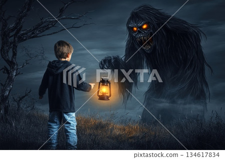 Child Faces Dark Creature in Haunting Forest with Lantern Illuminating Night Sky 134617834