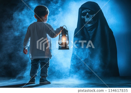 Child Holding Lantern Facing Mysterious Shadow in Dark Foggy Environment Child Holding Lantern Facing Mysterious Shadow in Dark Foggy Environment 134617835
