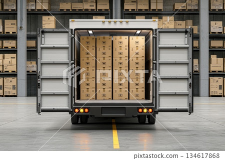 Large White Delivery Truck Parked at Warehouse with Open Back and Stacked Boxes Large White Delivery Truck Parked at Warehouse with Open Back and Stacked Boxes 134617868