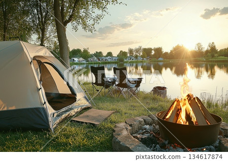 Peaceful Lakeside Camping Scene with Tent and Campfire at Sunset by the Water Peaceful Lakeside Camping Scene with Tent and Campfire at Sunset by the Water 134617874
