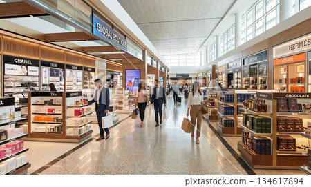 Modern Airport Duty Free Shopping Aisle Modern Airport Duty Free Shopping Aisle 134617894