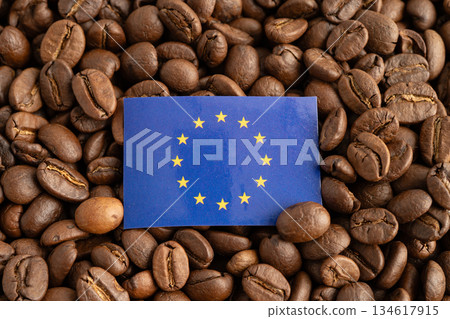 EU flag on coffee bean, import export trade online commerce. EU flag on coffee bean, import export trade online commerce. 134617915