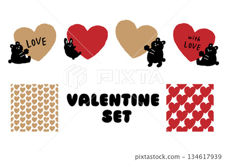 Red and gold Valentine's Day cute bear and heart illustration set | Hand-drawn characters and pattern material 134617939
