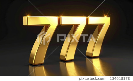 Shiny golden 777 numbers on dark reflective background, perfect for casino promotions, jackpot advertisements and lucky number themed designs. 134618378