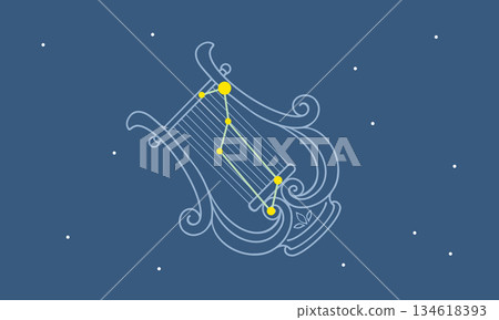 Illustration of Lyra floating in the starry sky (picture of a lyre and colored constellation lines) 134618393