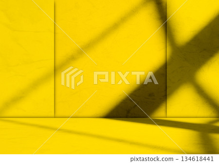 Yellow Summer Pastel Podium Background Product Light Abstract Shadow Leaf Wallpaper Gradient Floor Wall Concept Table Product Pattern Minimal Mockup Elegant Empty Platform Kitchen Backdrop Loft. 134618441