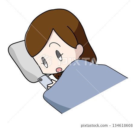 Illustration of a woman operating a smartphone while sleeping Illustration of a woman operating a smartphone while sleeping 134618608