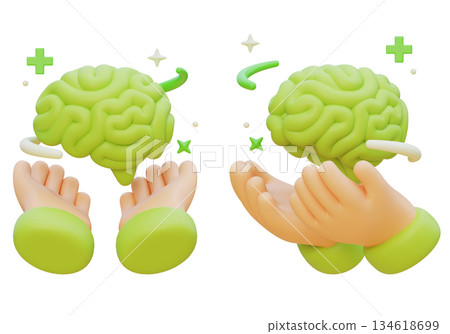 3D Claymorphism Hand Holding Floating Green Brain with Medical Plus Icons and Sparkles 3D Claymorphism Hand Holding Floating Green Brain with Medical Plus Icons and Sparkles 134618699