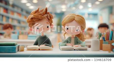 A gentle 3D landscape illustration of a boy and girl spending time in a library / Mamio Design 134618709