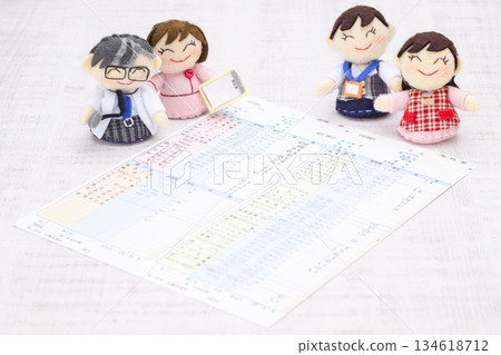 醫生、護士、OL、家庭主婦玩偶和身體檢查結果表格 134618712