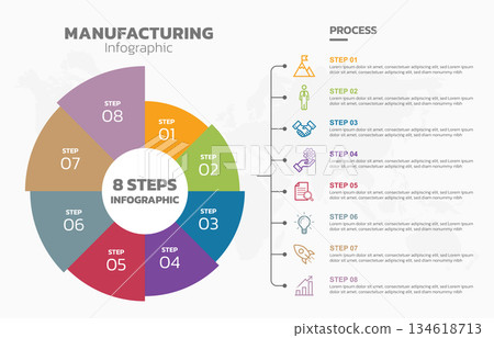 Visual data presentation. Cycle diagram with 8 options. Pie Chart Circle infographic template with 8 steps, options, parts, segments. Business concept. Marketing infographic vector illustration. Visual data presentation. Cycle diagram with 8 options. Pie Chart Circle infographic template with 8 steps, options, parts, segments. Business concept. Marketing infographic vector illustration. 134618713