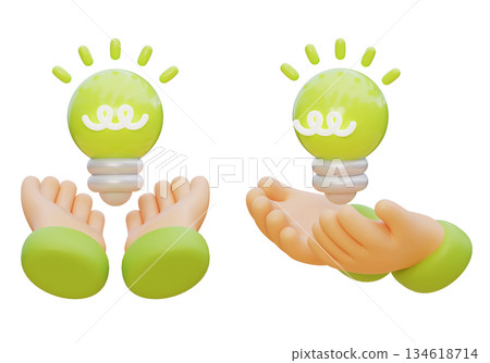 3D Claymorphism Hand Holding Glowing Green Light Bulb 134618714