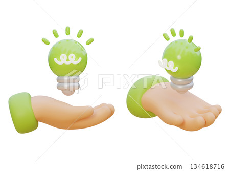 3D Claymorphism Hand Holding Glowing Green Light Bulb 134618716