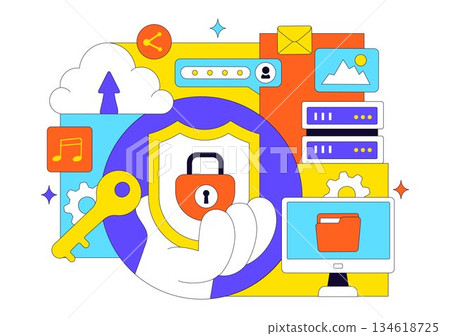 Digital Cloud Security Illustration Featuring Safety And Data Protection For Networks, Internet, Backup Servers With a Technological Environment Digital Cloud Security Illustration Featuring Safety And Data Protection For Networks, Internet, Backup Servers With a Technological Environment 134618725