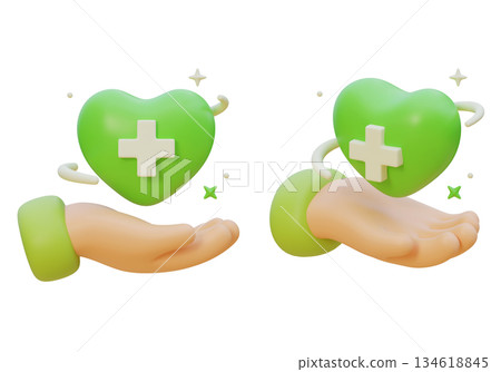 3D Claymorphism Hand Holding Green Heart with Medical Cross 3D Claymorphism Hand Holding Green Heart with Medical Cross 134618845