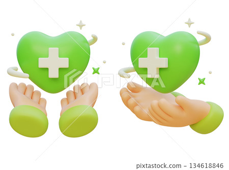 3D Claymorphism Hand Holding Green Heart with Medical Cross 134618846