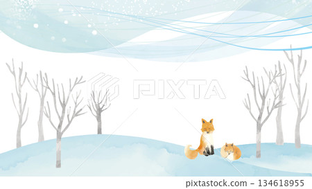Watercolor winter landscape and red fox frame (16:9) Watercolor winter landscape and red fox frame (16:9) 134618955