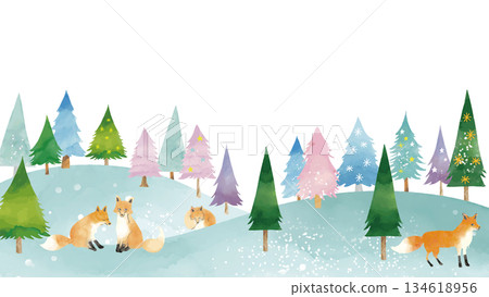 水彩風格可愛冬日風景和紅狐狸邊框（16:9） 134618956