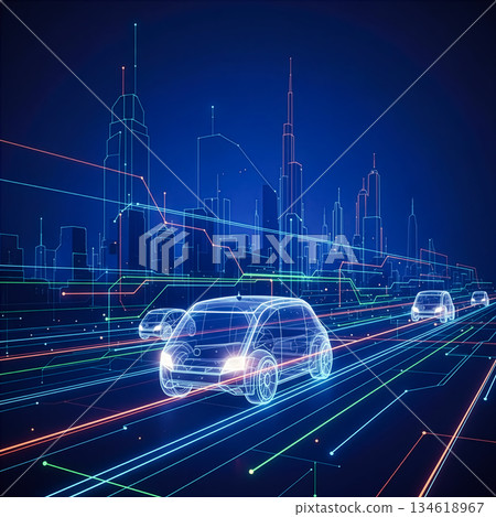 夜間，一輛汽車行駛在未來都市中的線框圖。 134618967