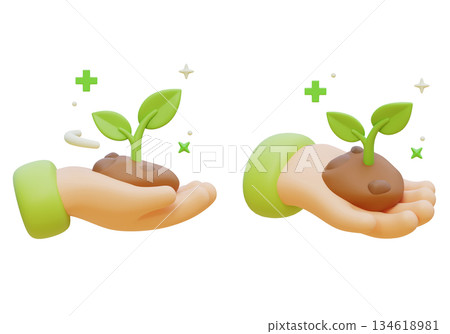 3D Claymorphism Hand Holding Soil with Growing Green Sprout 134618981