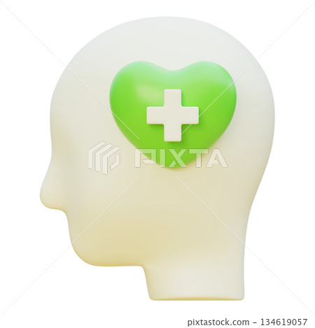 3D Claymorphism Human Profile with Green Heart and Medical Cross inside Head 134619057
