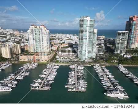 Marina in Miami, Florida. Biscayne bay. Downtown Miami marina with luxury yacht. Summer vacation. Luxury South beach marina. Luxury yacht. Miami south beach view. Yacht club. Marina atmosphere 134619242