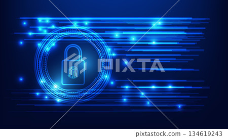 cyber security and privacy digital data protection. padlock with fingerprint symbol with futuristic element on blue background  134619243