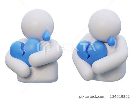 3D Claymorphism Sad White Stickman Crying and Hugging Broken Blue Heart 134619261