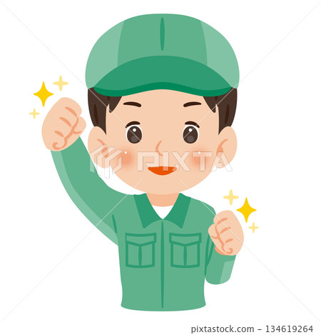 A motivated man wearing work clothes and a hat, upper body illustration A motivated man wearing work clothes and a hat, upper body illustration 134619264