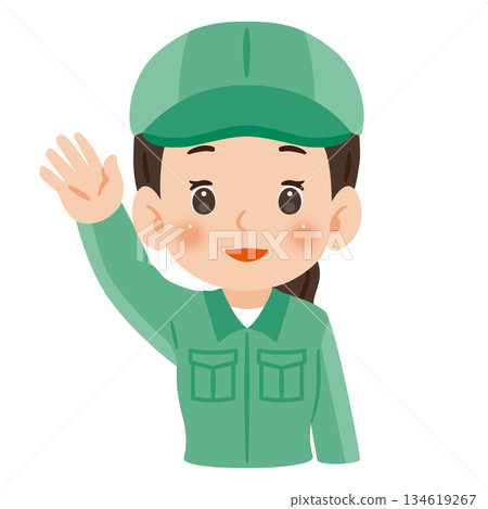 Woman wearing work clothes and a hat with one hand raised high, upper body illustration 134619267