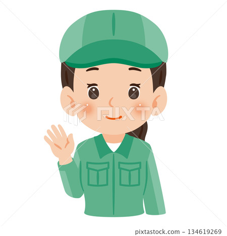 一位身穿工作服、頭戴帽子的女士舉起一隻手打招呼。上半身插圖 一位身穿工作服、頭戴帽子的女士舉起一隻手打招呼。上半身插圖 134619269