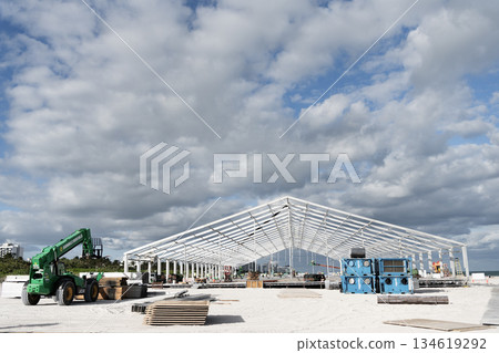 Miami, Florida, USA - November 16, 2024: Framework construction. Installation of metal structure with boom lift. Metal construction. Structural design engineering. Structure engineering at site 134619292