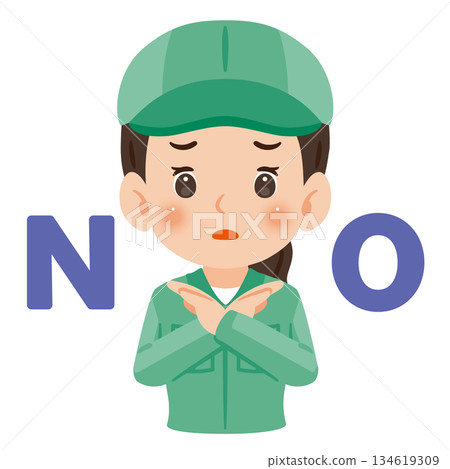一位身穿工作服、頭戴帽子的女性,雙手交叉成十字形。上半身插圖 一位身穿工作服、頭戴帽子的女性,雙手交叉成十字形。上半身插圖 134619309