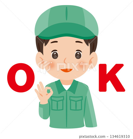 一名身穿工作服、頭戴帽子的男子,單手比出「OK」手勢——上半身插圖 一名身穿工作服、頭戴帽子的男子,單手比出「OK」手勢——上半身插圖 134619310