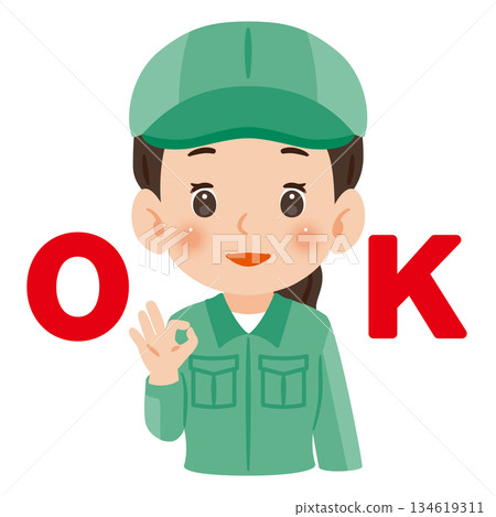 A woman wearing work clothes and a hat making an OK sign with one hand. Upper body illustration A woman wearing work clothes and a hat making an OK sign with one hand. Upper body illustration 134619311