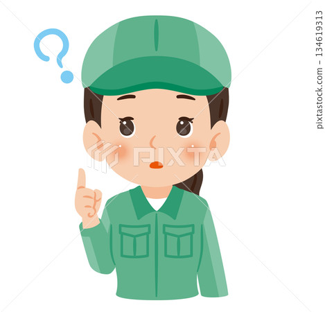 A woman wearing work clothes and a hat with doubts - upper body illustration 134619313