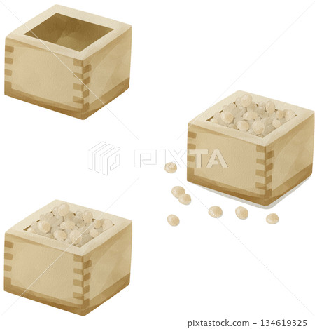 節分豆和木製枡的水彩插圖 134619325