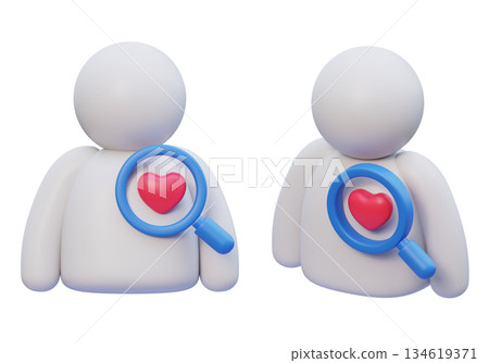 3D Claymorphism Magnifying Glass Focusing on Heart inside Stickman Chest 3D Claymorphism Magnifying Glass Focusing on Heart inside Stickman Chest 134619371