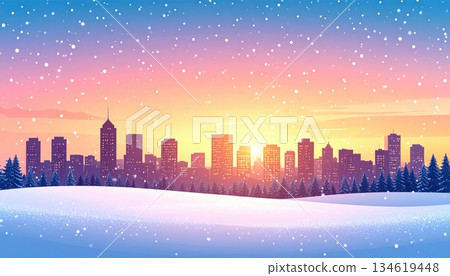 AI Image: Snowy cityscape at dusk 134619448