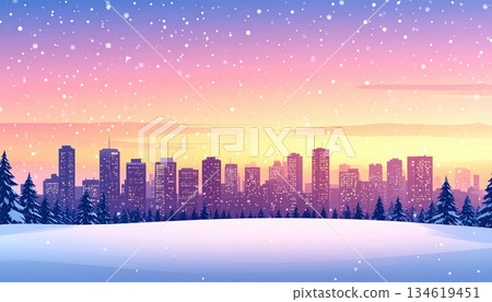 人工智慧影像：黃昏時分的雪景城市景觀 134619451