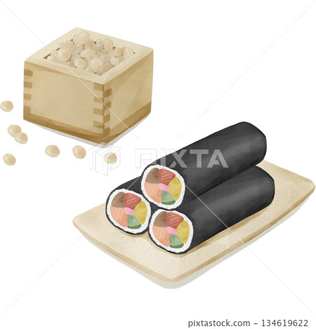 水彩節分套裝（豆子和江方捲）插圖 134619622